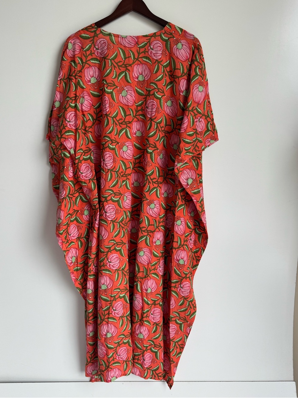 Estela Women’s Floral Kaftan Dress Orange Pink Oversized V-Neck Resort Cover Up - Picture 2 of 7